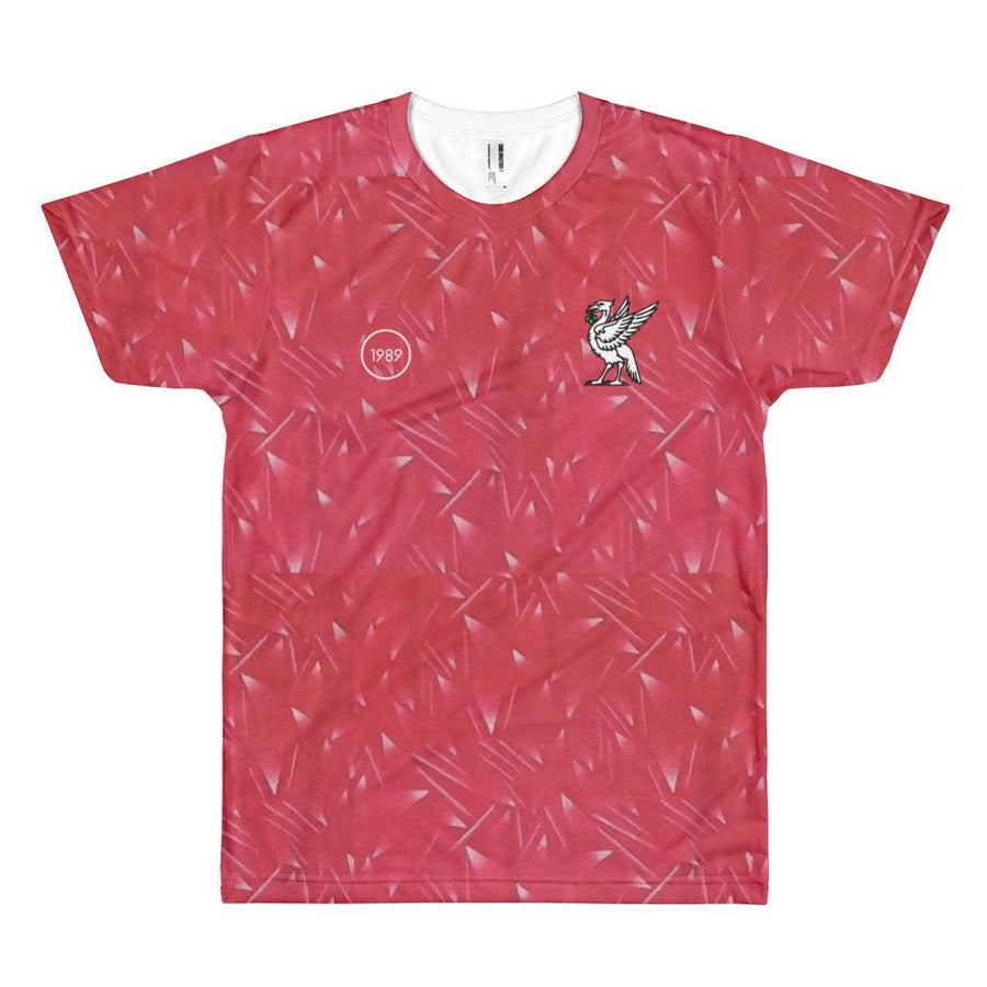 Retro 1989 Full Print T-Shirt Red Pattern with White Liverbird / Unisex-Kop Clobber